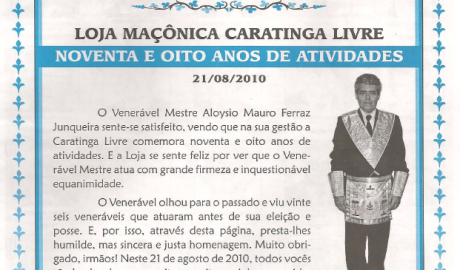 Jornal O ZZé ARLS Caratinga Livre, nº 0922 Ano XVI - Caratinga, Agosto de 2010 - Nº 80