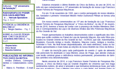 Informativo Chico da Botica - Nº 48 - 30 de Novembro de 2010 Ano 06 Aug∴ Resp∴ Loj∴ "Francisco Xavier Ferreira de Pesquisas Maçônicas"