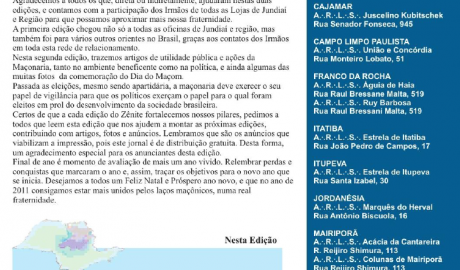 Zênite Jornal da Maçonaria de Jundiaí e Região Ano 1 Nº 2 - Outubro/Novembro 2010 Versão Digital