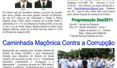 Informe Liberdade Boletim Informativo da ARLS "Liberdade e União" nº 1158 - GOEG/GOB Ano I, Nº 01, Goiânia/GO, Dez/2011