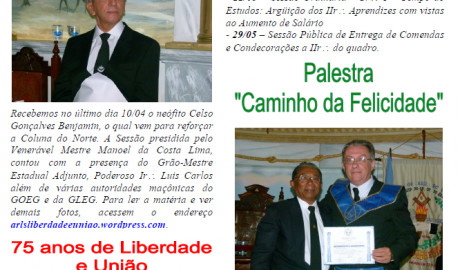 Informe Liberdade Boletim Informativo da ARLS "Liberdade e União" nº 1158 - GOEG/GOB Ano I, Nº 06, Goiânia/GO, Mai/2012