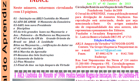 Jornal do Aprendiz - Nº 43 - Janeiro 2013 Ano IV - ARLS Amparo da Virtude, 0276 Oriente de Pesqueira PE