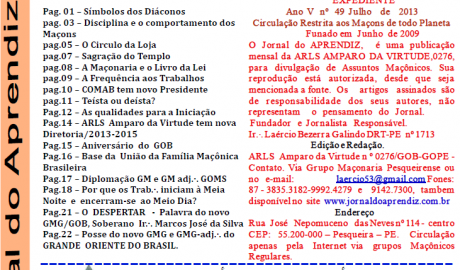 Jornal do Aprendiz - Nº 49 - Julho 2013 Ano V - ARLS Amparo da Virtude, 0276 Oriente de Pesqueira PE