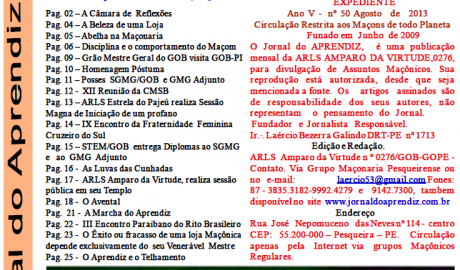 Jornal do Aprendiz - Nº 50 - Agosto 2013 Ano V - ARLS Amparo da Virtude, 0276 Oriente de Pesqueira PE
