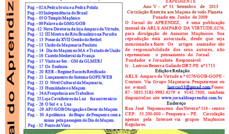 Jornal do Aprendiz - Nº 51 - Setembro 2013 Ano V - ARLS Amparo da Virtude, 0276 Oriente de Pesqueira PE