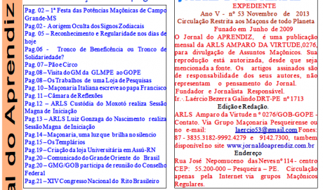 Jornal do Aprendiz - Nº 53 - Novembro 2013 Ano V - ARLS Amparo da Virtude, 0276 Oriente de Pesqueira PE