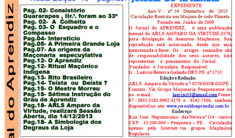 Jornal do Aprendiz - Nº 54 - Dezembro 2013 Ano V - ARLS Amparo da Virtude, 0276 Oriente de Pesqueira PE