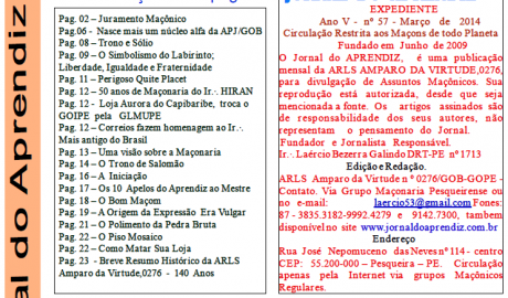 Jornal do Aprendiz - Nº 57 - Março 2014 Ano V - ARLS Amparo da Virtude, 0276 Oriente de Pesqueira PE