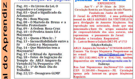 Jornal do Aprendiz - Nº 59 - Maio 2014 Ano V - ARLS Amparo da Virtude, 0276 Oriente de Pesqueira PE