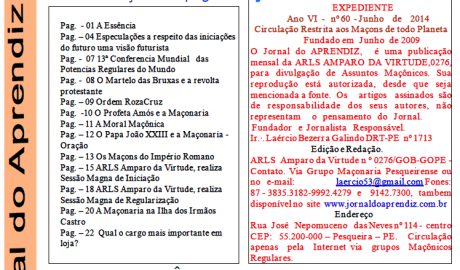 Jornal do Aprendiz - Nº 60 - Junho 2014 Ano VI - ARLS Amparo da Virtude, 0276 Oriente de Pesqueira PE