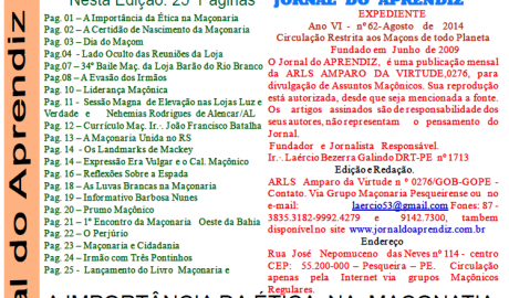 Jornal do Aprendiz - Nº 62 - Agosto 2014 Ano VI - ARLS Amparo da Virtude, 0276 Oriente de Pesqueira PE