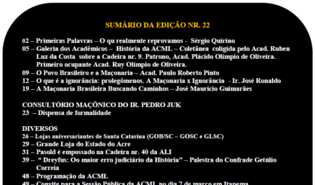 ACML News- Nº 22 - 27 de Fevereiro/2018 Informativo da Academia Catarinense Maçônica de Letras - Florianópolis, SC