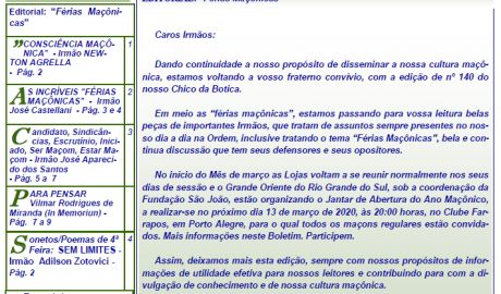Informativo Chico da Botica - Nº 140 - 15 de Fevereiro de 2020 Ano 16 Aug∴ Resp∴ Loj∴ "Francisco Xavier Ferreira de Pesquisas Maçônicas"
