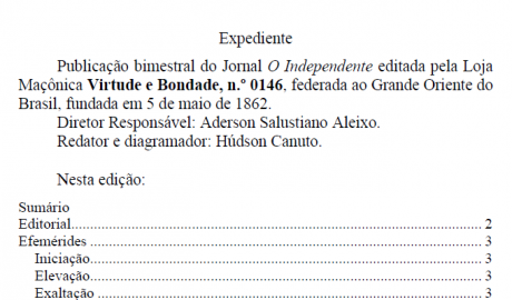 Jornal O Independente Loja Maçônica Virtude e Bondade, nº 146 Maceió - AL Ano LXIX - Nº 01 - Janeiro/Fevereiro 2020