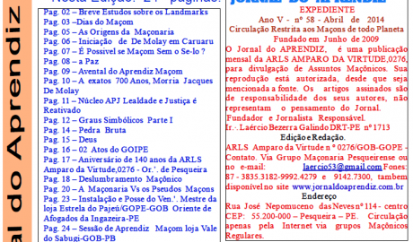 Jornal do Aprendiz - Nº 58 - Abril 2014 Ano V - ARLS Amparo da Virtude, 0276 Oriente de Pesqueira PE