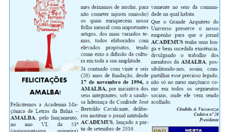 Publicação Mensal da  AMALBA, Academia Maçônica de Letras da Bahia, Ano VI, Abril 2021, Número 51