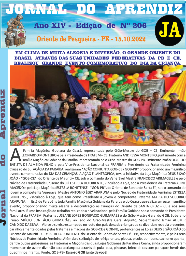 Jornal do Aprendiz - Nº 206 - 15.10.2022 Ano XIV - Oriente de Pesqueira PE