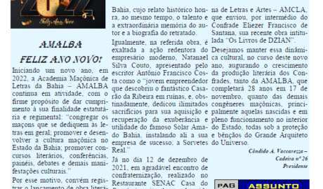 Publicação Mensal da  AMALBA, Academia Maçônica de Letras da Bahia, Ano VI, Janeiro 2022, Número 60