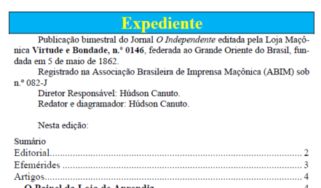 Jornal O Independente Loja Maçônica Virtude e Bondade, nº 146 Maceió - AL Ano LXXIII - Nº 01 - Jan/Jun 2024